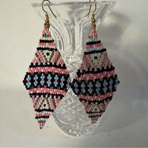 Pink blue black gold geometric diamond brick stitch pattern glass bead earrings